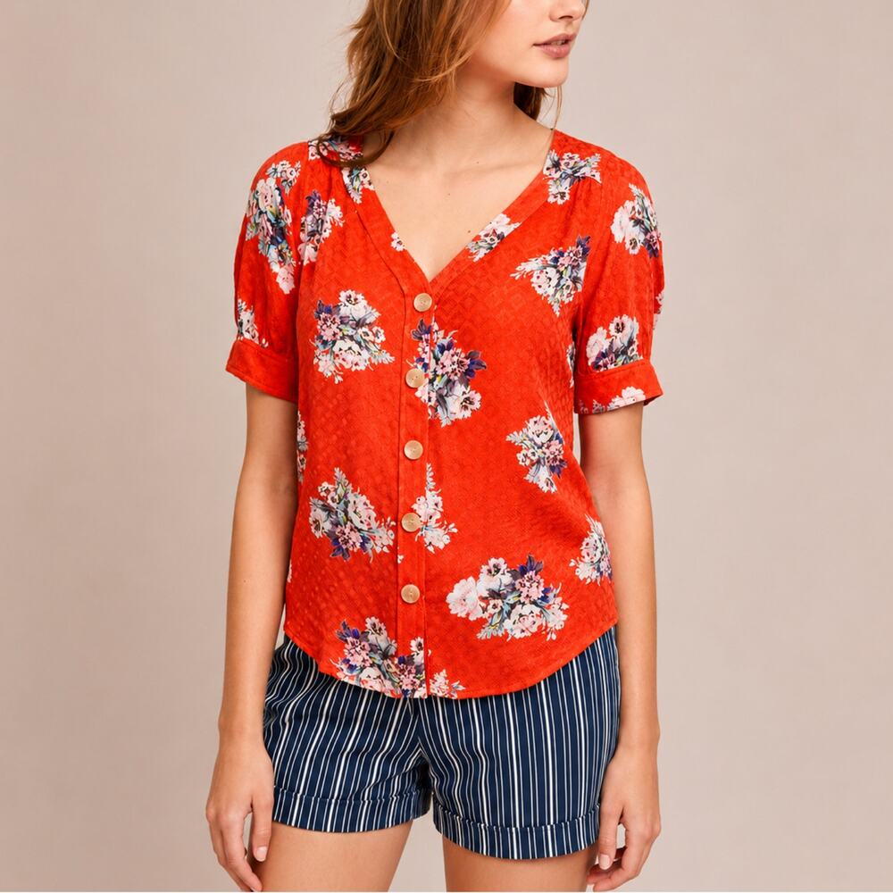 Maeve by Anthropologie Blouse Hansley Floral V-Neck Puff Sleeve Orange Size 4